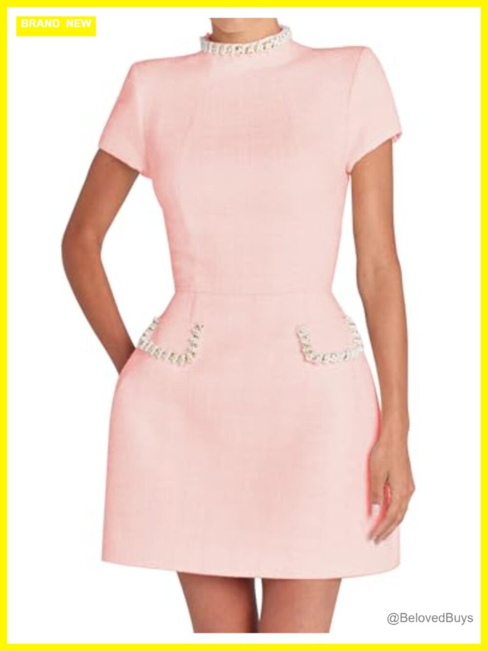 Wool Blend Tweed Bodycon Mini Dress Pearl Trim High Neck Party